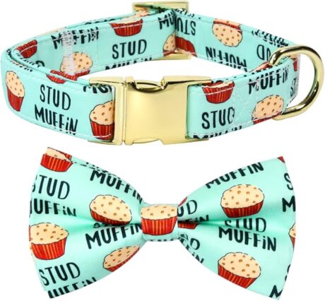 Stud Muffin Dog Bow Tie Dog Collar Accessory, Detachable Bowtie, Adjustable Collar for Small Medium Large Dogs