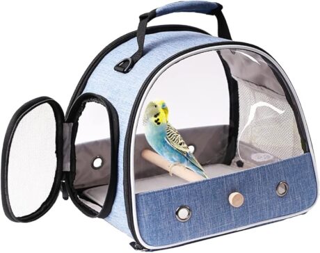 Small Bird Travel Carrier, Portable Bird Travel Carrier for Parakeet, Parrot, Cockatiel, Guinea Pig, Bearded Dragon Reptile Carrier for Hiking Vet Visit Bicycle Ride (Blue, Carrier)