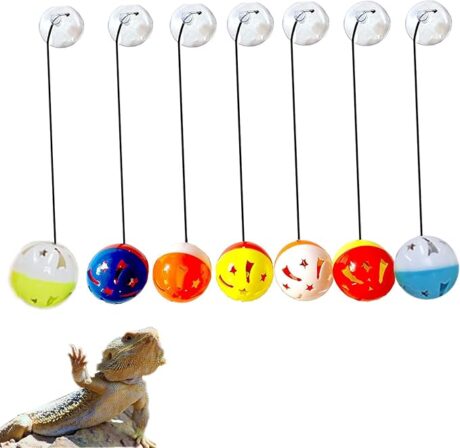 7 Pack Bearded Dragon Toys Reptile Lizard Toy Balls Bell with Suction Cups and Ropes Fit for Small Reptile Animals