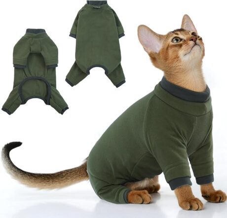 PUMYPOREITY Sticky Hair Cat Clothes, Prevent Hair Loss Cat Pajamas, Soft Cat Sweaters for Cats Only, Cat Hair Sticky Onesie, Cat Recovery Suit After Surgery, Green, XS
