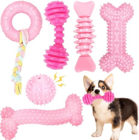 Puppy Toys, 6 Pack Dog Chew Toys for Puppy, Cute Pink Small Dog Toys, Teething Toys for Puppies, Soft Durable Interactive Chew Toy for Small Dogs
