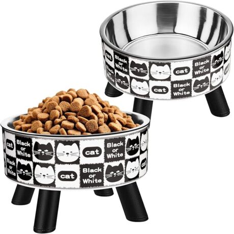Elevated Cat Food Bowls 2PCS, Raised Cat Bowl with Stand Stainless Steel Anti Vomiting Non-Slip, Pet Feeding Bowls and Dishes Suitable for Cats, Kitten, Puppies and Small Dogs Black