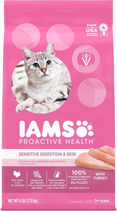 IAMS Proactive Health Adult Sensitive Digestion & Skin Dry Cat Food with Turkey, 6 lb. Bag