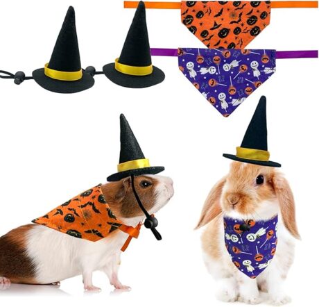 Halloween Guinea Pigs Wizard Hat Bandanas Costume Rabbit Triangular Scarf Black Orange Pumpkin Spider Bat Devil for Small Animals Bunny Sugar Glider Holiday Party L
