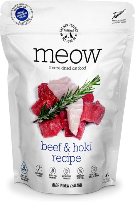 Meow Freeze Dried Cat Food - Beef & Hoki Recipe, High Protein Cat Treats, Meals & Toppers, Dry Cat Food, 9.9 oz