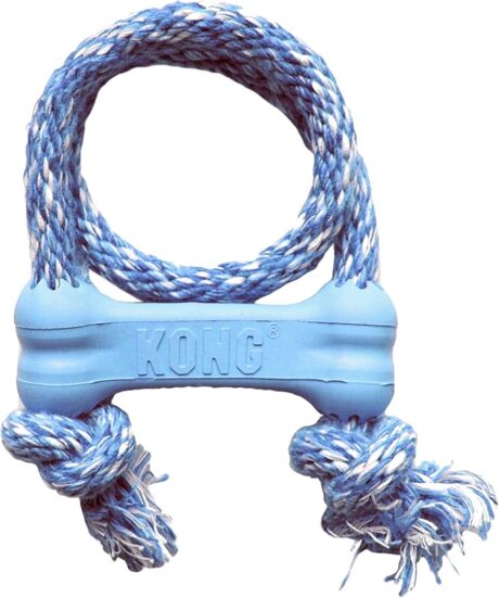 KONG Puppy Goodie Bone with Rope - Dog Chew Toy for Puppies - Natural Rubber Bone Toy with Cotton Rope - Teeth Cleaning Toy for Growing Puppies - for XS Puppies - Blue