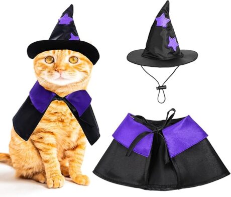 Dxhycc Halloween Pet Costume Cat Wizard Costume Funny Wizard Cat Clothes Cloak and Wizard Hat for Small Dogs Cats Outfits