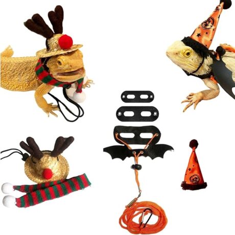 4 Pcs Bearded Dragon Festival Costumes, Lizard Harness Leash Hats Clothes Set at Birthday Halloween Christmas, Bearded Dragon Accessories for Gecko Chameleon Iguana Hamster Reptile (Boy Set/4 Pcs)
