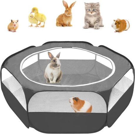 Amakunft Guinea Pig Playpen with Cover, Bunny Playpen with Top, Rabbit Pop Up Playpen with Roof, Small Animal Play Pen Indoor, for Ferret/Chinchilla/Bearded Dragon/Rat/Kitten (Black)
