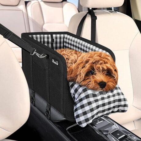 SlowTon Console Dog Car Seat - Portable Dogs Armrest Booster Seat for Small Dog, Anti-Collapse Pet Car Seat with Soft Cushion Safety Belt, Support Pet Up to 11lbs (Black)