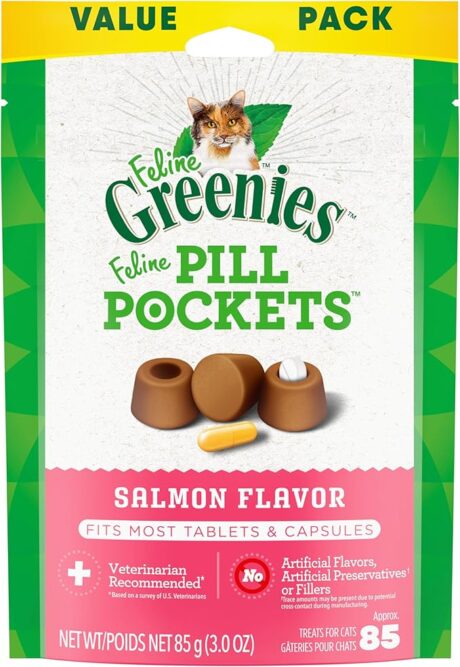 FELINE GREENIES PILL POCKETS for Cats Natural Soft Cat Treats, Salmon Flavor, 3 oz. Pack (85 Treats)