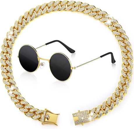 Xuniea 2 Pieces Cat Dog Chain Collar and Sunglasses Set Rhinestone Collar with Secure Buckle Round Glasses (Gold, Black,18 Inch)