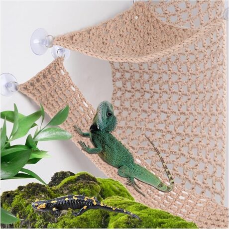 Crawling pet Handmade Cotton Rope mesh Climbing net Hammock Suspension Bridge Toy Sleeping Suitable for Bearded Dragon Lizard（Khaki