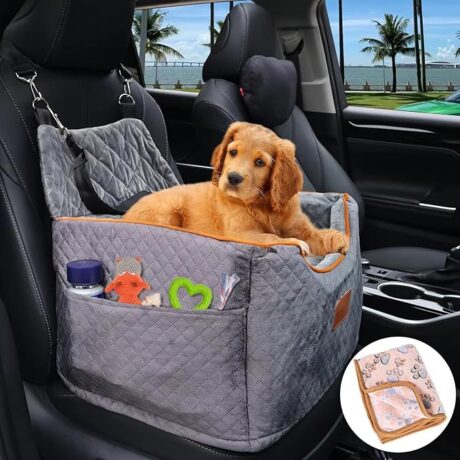 Memory Foam Booster Dog Car Seat with Washable Removable Cover, Elevated Pet Car Seat, Anti-Slip Sturdy Dog Booster Seats for Small Dogs 35lbs, Dog Seat Belt, Storage Pocket, Dog Blankets