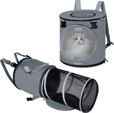 HOMBYS Foldable Expandable Cat Backpack Carrier with Tunnel, Pet Carrier with Breathable Mesh Cats & Small Dogs Up to 20 LBS, Tubular for Cats to Curl Up, for Travel Hiking Camping