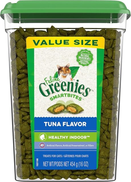 Roll over image to zoom in Greenies Feline Smartbites Healthy Indoor Natural Treats for Cats, Tuna Flavor, 16 oz. Tub