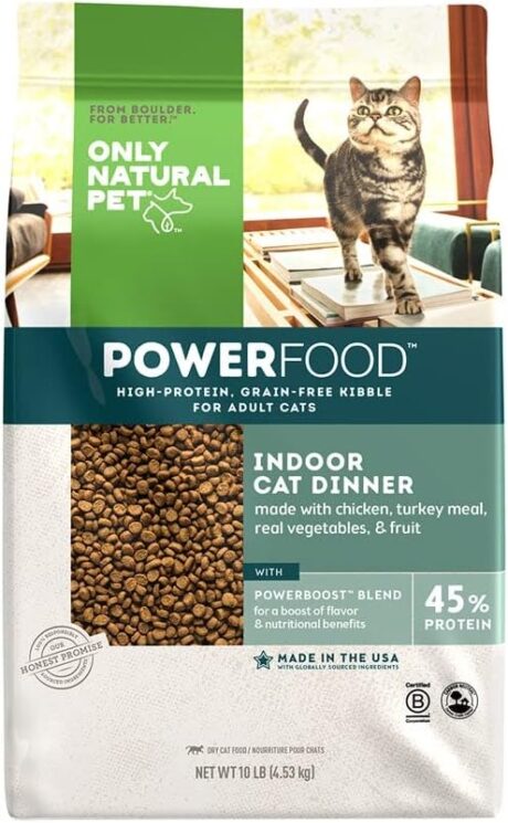 Only Natural Pet Powerfood Poultry Indoor Cat Dinner Dry Food - High-Protein Grain Free Kibble for Adult Cats, Made in USA and Supports Skin & Coat, Heart, & Immune Health, 10 Lb BagOnly Natural Pet Powerfood Poultry Indoor Cat Dinner Dry Food - High-Protein Grain Free Kibble for Adult Cats, Made in USA and Supports Skin & Coat, Heart, & Immune Health, 10 Lb Bag