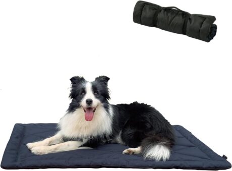Rollup Camping Dog Bed,Outdoor Dog Bed, Portable Dog Travel Mat with Carry Handles for Medium Large Dogs Waterproof Washable Pet Pad,42 * 28”Dark Blue