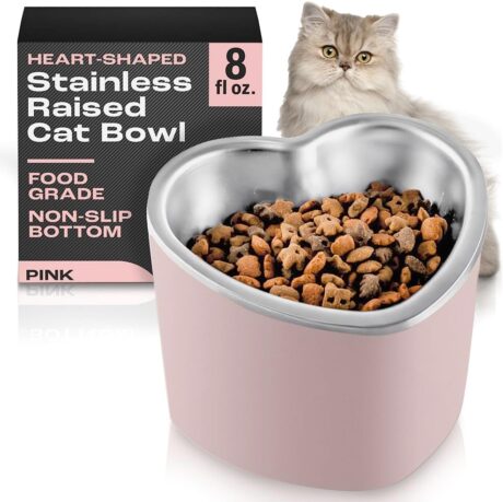 OCM Raised Cat Bowl – 8oz Heart Shaped Elevated Cat Bowls for Cats & Small Dogs, Stainless Steel Cat Food Bowls, Non-Slip, Promotes Digestion, Reduces Vomiting, Pet Bowls for Indoor Cats (Pink)