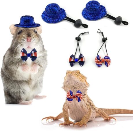 Vehomy Small Animal Independence Day Costume - 4th of July Hamster Hat and 2Pcs Bowtie Collars for Bearded Dragon Lizard Parrot Chicken and Other Similar Small Pets 3Pcs