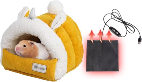 MANON ROSA Hamster Hideout Winter Bed - Cozy Pet Cage Accessory Heating Pad & Hanging Hammock Small Animals Syrian Sugar Gliders Chinchillas Squirrels Guinea Pigs Rats Rabbit Ear Yellow M