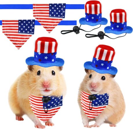 4 Pcs Pet Independence Day Costume 4th of July Guinea Pig Hat and Bandana Uncle Sam Rabbit Hat American Flag Small Animals Hat Bandana Triangle Bib Scarf with Stars and Stripes Pattern (S)