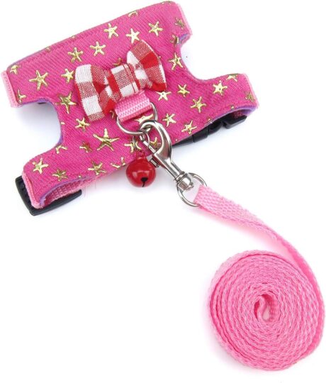 Wontee Small Pet Harness Vest and Leash Set with Bowknot and Bell Decor for Gerbil Guinea Pig Squirrel Kitten Outdoor Walking (S, Pink Star)