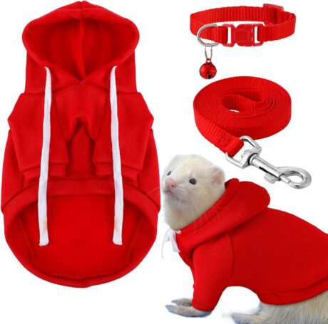 3 Pcs Ferret Accessories Soft Ferret Sweatshirt Safe Bell Collar Ferret Harness and Leash Set for Hamster Guinea Pig Chinchilla Teacup Chihuahua (Red)