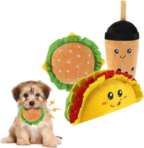 Pawaboo Squeaky Dog Toys, Soft Plush Squeaker Dog Toy Cute Interactive Dog Toys for Small, Medium, and Large Dogs Stress Relief Food Treat Indoor Dog Toy Funny Gifts for Pet, 3 Pack