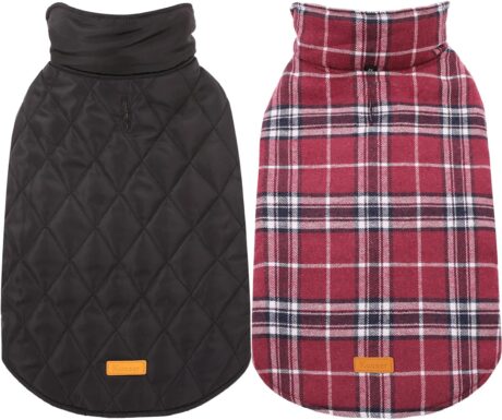 Kuoser Warm Dog Coat, Reversible Dog Jacket Waterproof Dog Winter Coat British Style Plaid Dog Clothes Pet Dog Cold Weather Coats Cozy Snow Jacket Vest for Small Medium Large Dogs Red L