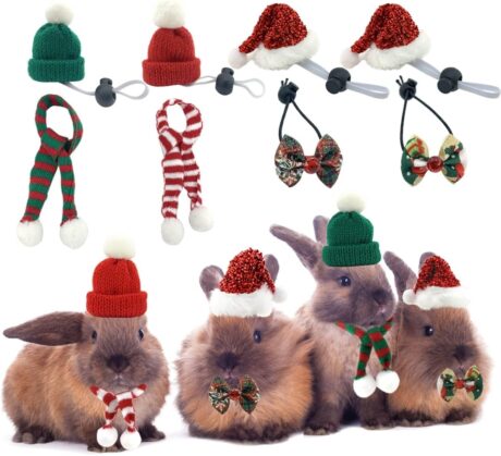 Vehomy Small Animal Christmas Costume - 8PCS Christmas Rabbit Woolen Hats Xmas Guinea Pig Santa Claus Hat Bunny Bowties and Scarfs for Hamster Chinchilla Hedgehog and Other Similar Small Pet