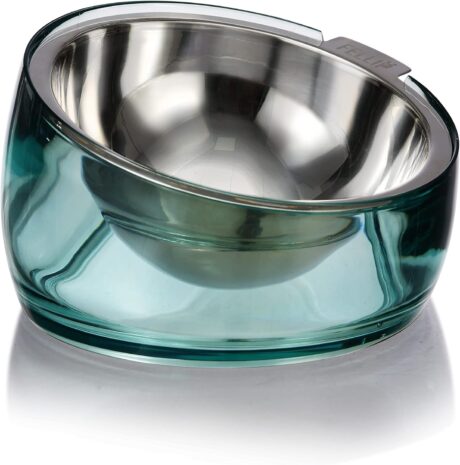 Felli Pet Oblik Spill Proof Dog Food Bowl Raised with Acrylic Cone, Slanted Stainless Steel Oval Dish Pet Friendly Design, Angled Metal Feeder Elevated Non Slip for Frenchie Bulldog (1.5Cup, Classic)