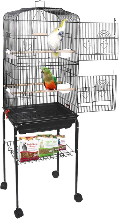 SUPER DEAL 59.3 Rolling Bird Cage Large Wrought Iron Cage for Cockatiel Sun Conure Parakeet Finch Budgie Lovebird Canary Medium Pet House with Rolling Stand & Storage Shelf
