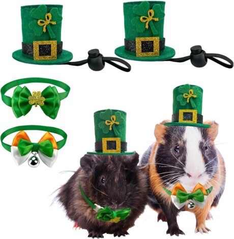4 Pack St. Patricks Day Small Animal Hats Rabbit Shamrock Irish Bow Tie with Bell Hamster St. Patricks Day Costume for Bunny Hamster Guinea Pig Ferret Sugar Glider S