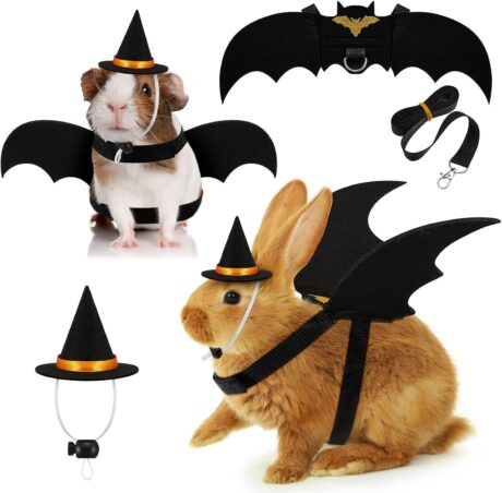 Halloween 2 Sets Pet Costume Bat Wings Harness Leash Bat Wing Witch Hats Pulling Rope for Small Animals Guinea Pig Rabbits Puppies and Small Cats