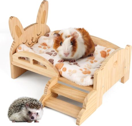 HOSUKKO Wooden Guinea Pig Bed with Mat 13.5IN X 9.3IN Guinea Pig Bunny Detachable Hideout with Stairs Small Animal Cute Warm Habitats for Hamsters Guinea Pig Ferret Small Bunny Sleeping Hiding