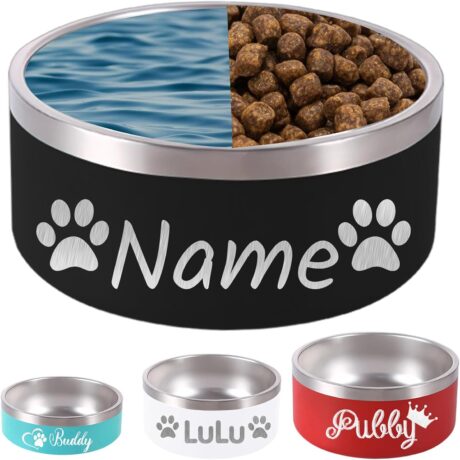 32OZ Personalized Dog Bowl Laser Engraved Custom Pet Name 18/32/42/64 oz No Slip Stainless Steel Insulated Bite-Resistant Food Water Dishes-Black