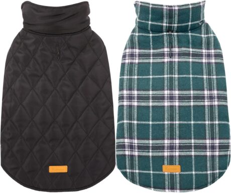 Kuoser Warm Reversible Dog Jacket Waterproof Winter Coat British Style Plaid Pet Clothes Cold Weather Coats Cozy Snow Vest for Small Medium Large Dogs Green XS