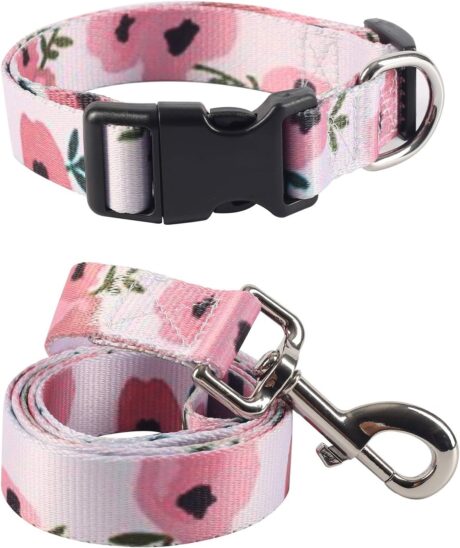 2PCS Floral Dog Collar and Flower Leashes Adsjutable Pet Collars Set Puppy Rose Leashes Set for Small Medium Large Dogs Boys Girls (Medium)
