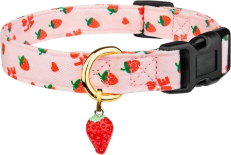 Cotton Handmade Dog Collar Cute and Distinctive Patterns Pink Strawberries with Pendant Cute Dog Collars for Small Medium Large Dogs Girl Dogs Boy Dogs M