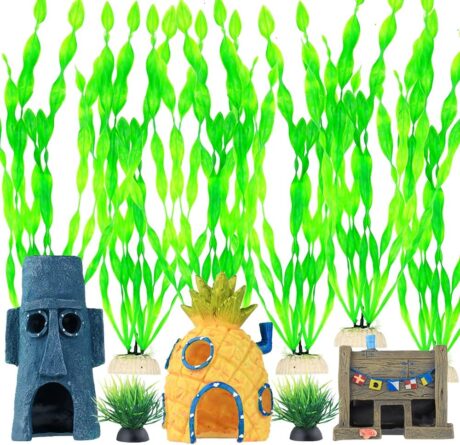 BEGONDIS 23 Pcs Aquarium Decorations Fish Tank Artificial Green Water Plants with Resin Ornament，Accessories Ornament Kit