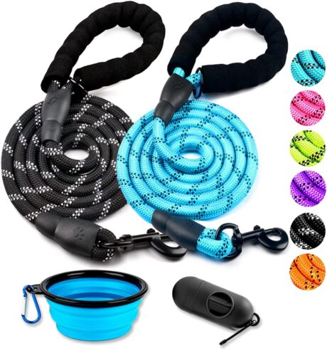 COOYOO 2 Pack Dog Leash 2/5/6 FT Heavy Duty - Comfortable Padded Handle - Reflective Dog Leash for Medium Large Dogs with Collapsible Pet Bowl Set 2-Black+Blue