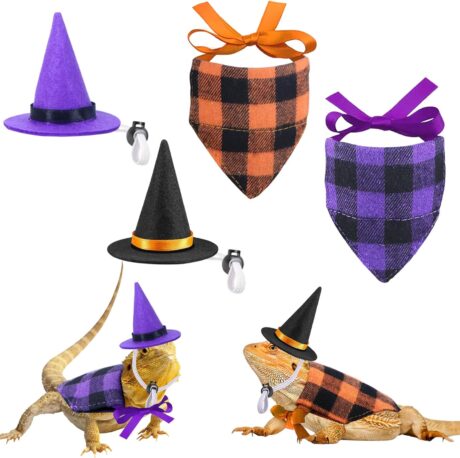 4 Pieces Bearded Dragon Halloween Costumes Lizard Halloween Hats Bandanas Halloween Costumes for Lizard Chicks Parrot Hamster Guinea Pig Small Animals