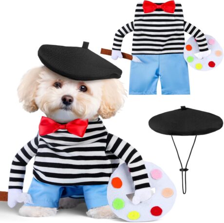 Halloween Dog Costume Funny Dog Costume with Hat French Artist Dog Costume Painter Pet Clothes T-Shirt Jeans Beanie Beret Ties for Halloween Cosplay Brithday Party(S)