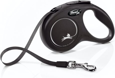 FLEXI New Classic Tape Retractable Dog Leash for Small Dogs up to 33 lbs. – 16 ft., Black| Tangle Free Pet Walking Leash with One-Handed Brake, Pause, Lock|German Quality Product