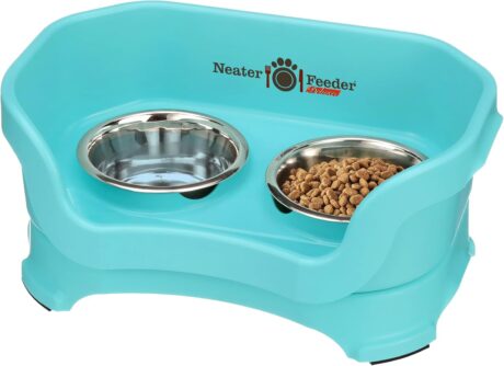 Neater Feeder Deluxe Small Mess Proof Feeder for Small Dogs & Cats, 1-1/2 Cup Food & 2-1/4 Cup Water Stainless Steel Bowls, Elevated, No Spill, Non-Tip, Non-Slip. Made in USA