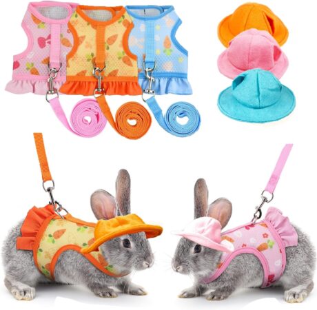 Set of 3 Bunny Harness Leash Sets with Matching Summer Hats - Adjustable, Escape-Proof, Breathable Vest - Soft and Safe Material