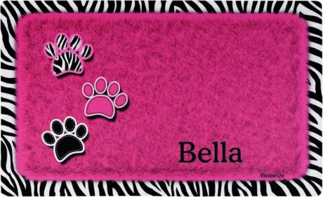 Drymate Personalized Pet Bowl Placemat, Custom Dog & Cat Food Feeding Mat - Absorbent Fabric, Waterproof Backing - Machine Washable/Durable (USA Made) (12" x 20") (Zebra Pink)
