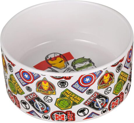 Marvel Comics Avengers Ceramic Dog Bowl, 6-Inch | White Ceramic Dog Bowl with Official Marvel Avengers Characters and Logo | Medium Dog Food Bowl or Water Bowl for Dry and Wet Food | 3.5 Cups 28 oz