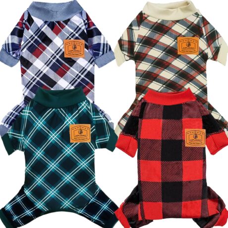 XPUDAC 4 Pack Dog Pajamas for Small Dogs Cats Plaid Dog Clothes Puppy Onesies Dog Christmas Pajamas Puppy Jumpsuits Pet Pjs Shirt Apparel (Large（12-18 LBs）, Red Green Beige Grey)